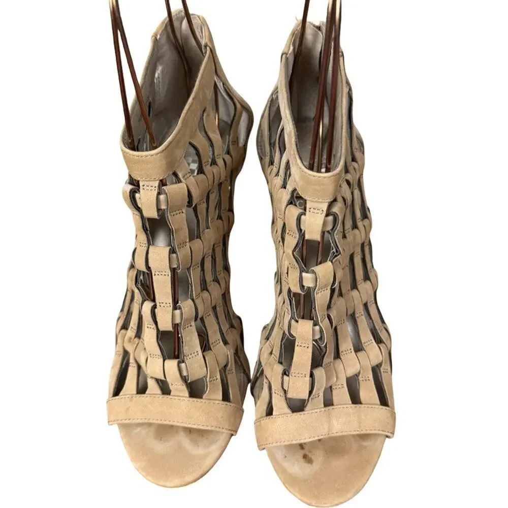 Vince Camuto Aventha Leather Cage Style High Heels Peep Toe Shoes Beige sz 7.5